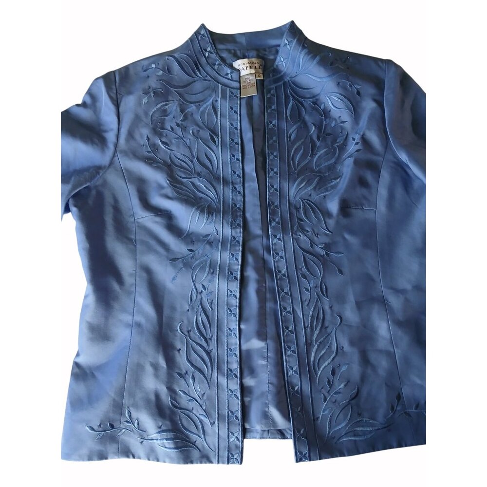 Adrianna Papell Blue Embroidered Silk Jacket Shell Size 12 Womens Embroidered - Picture 10 of 16